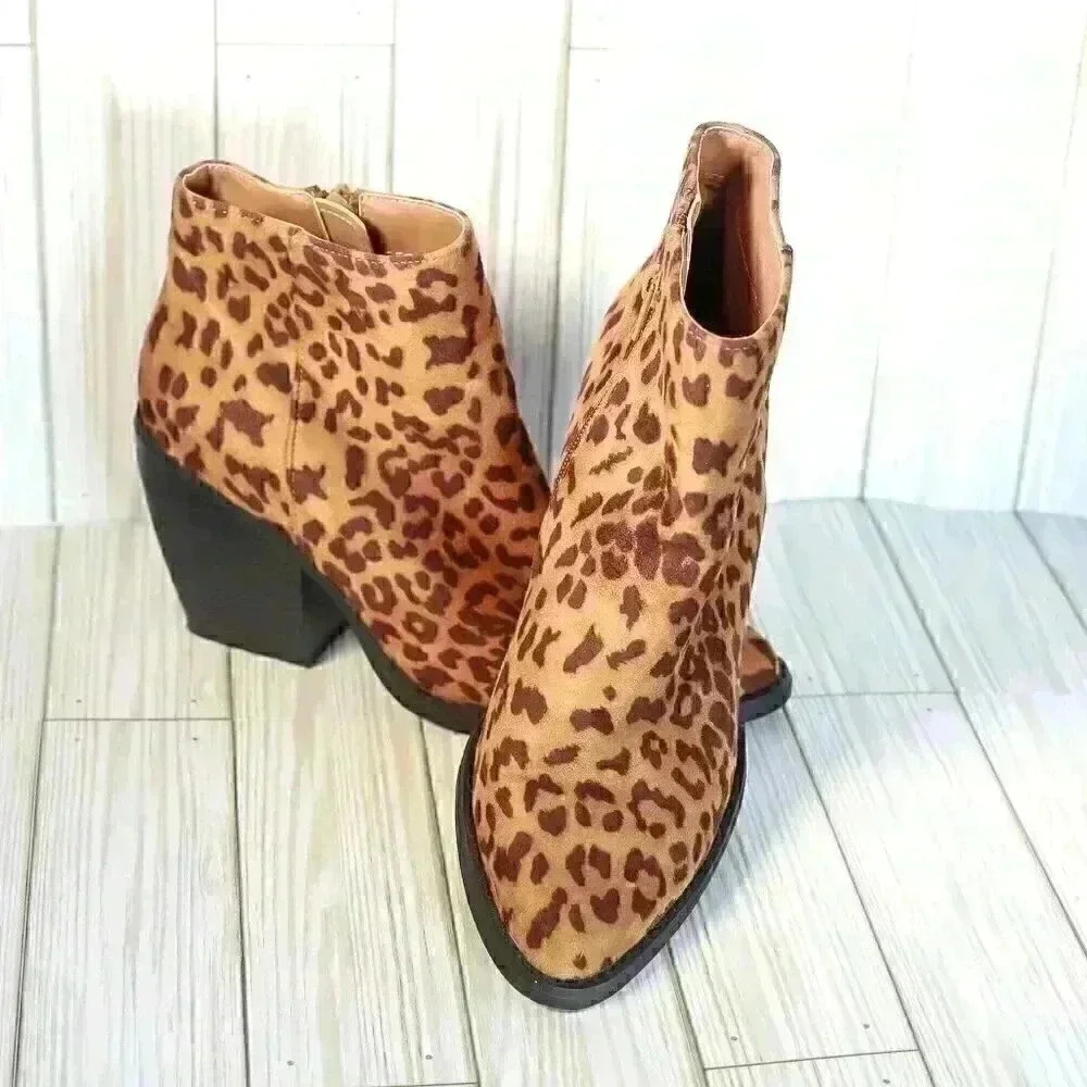 Madden Girl Leopard Print Ankle Bootie Womens 8.5 Block Heel Western Pointed Toe